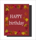 A set of purple cards with yellow, red and orange autumn leaves. Birthday, thanks, wedding. Isolated objects. Vector